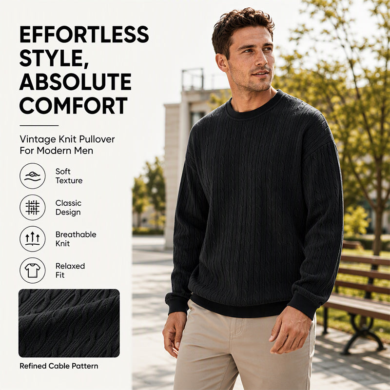 🖤Black Friday Sale:50% OFF🖤Men's Cable Knit Crewneck Sweatshirt, Vintage Textured Cable Knit Pullover, Relaxed Fit Breathable Sweater For Men Daily Casual Wear
