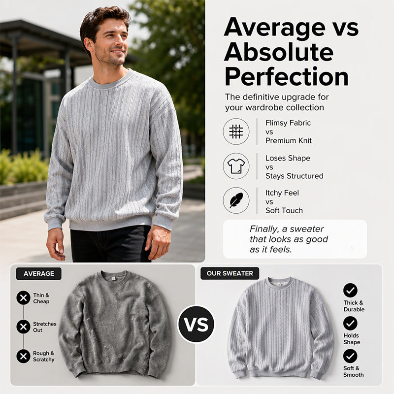 🖤Black Friday Sale:50% OFF🖤Men's Cable Knit Crewneck Sweatshirt, Vintage Textured Cable Knit Pullover, Relaxed Fit Breathable Sweater For Men Daily Casual Wear