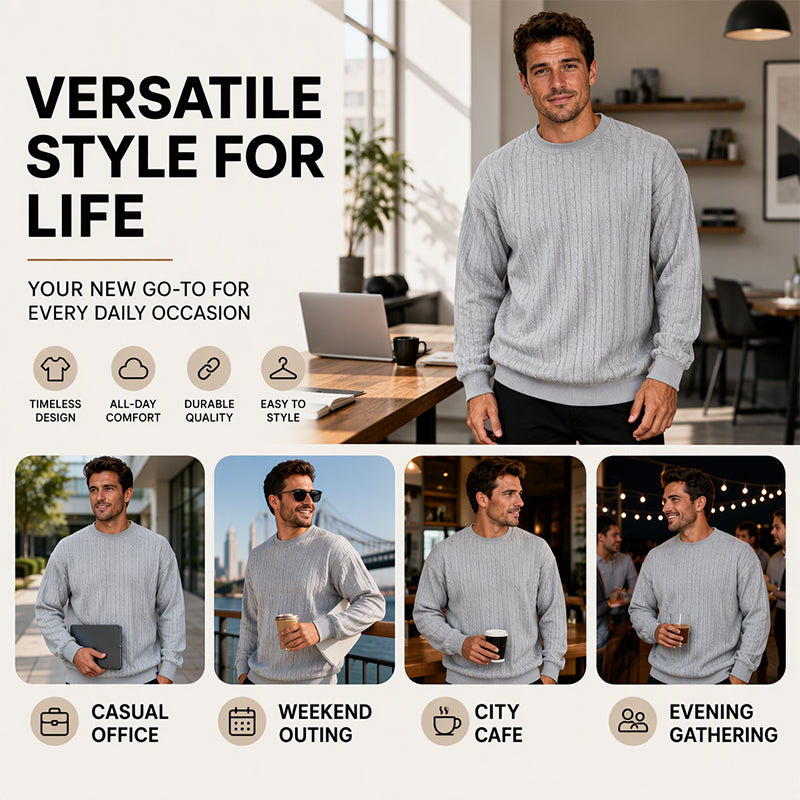 🖤Black Friday Sale:50% OFF🖤Men's Cable Knit Crewneck Sweatshirt, Vintage Textured Cable Knit Pullover, Relaxed Fit Breathable Sweater For Men Daily Casual Wear