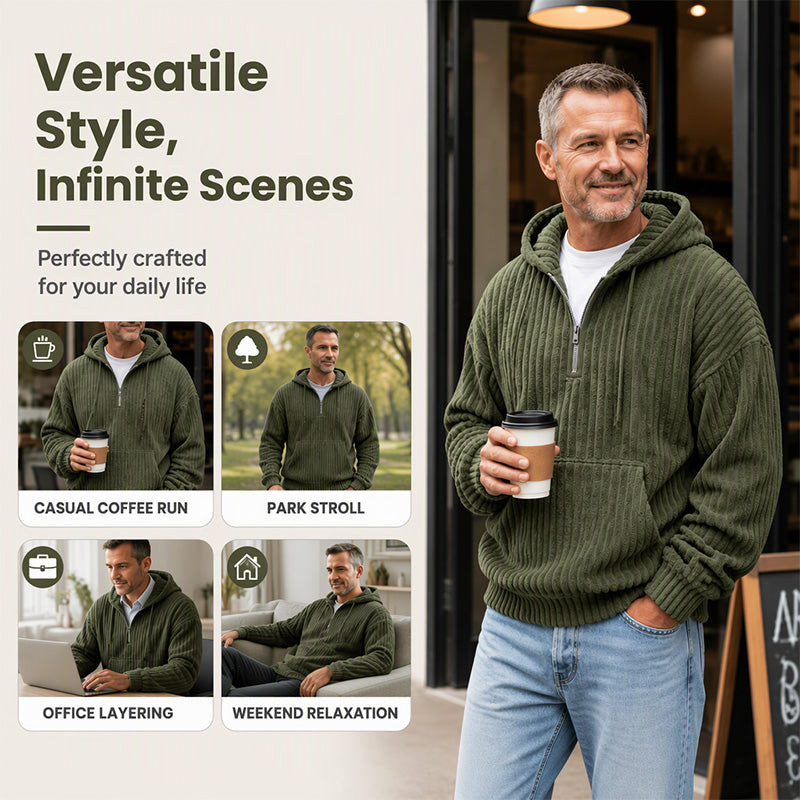 Not Your Ordinary Hoodie — A Stylish Half-Zip Corduroy Hooded Pullover with Rich Texture, Classic Casual Charm, and a Fresh Everyday Look