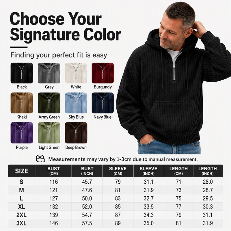 Not Your Ordinary Hoodie — A Stylish Half-Zip Corduroy Hooded Pullover with Rich Texture, Classic Casual Charm, and a Fresh Everyday Look