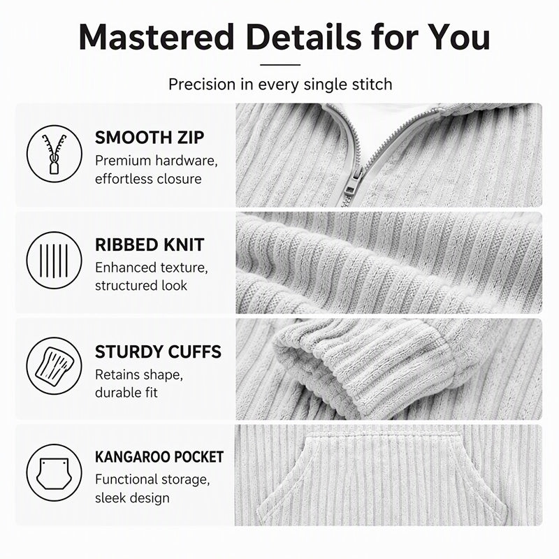 Not Your Ordinary Hoodie — A Stylish Half-Zip Corduroy Hooded Pullover with Rich Texture, Classic Casual Charm, and a Fresh Everyday Look