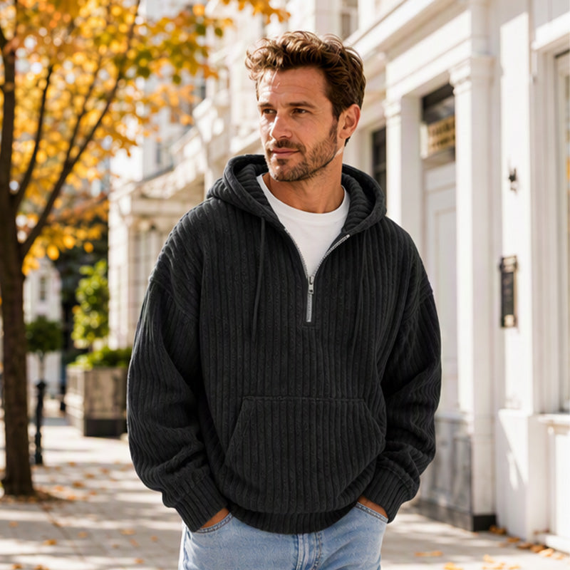 Not Your Ordinary Hoodie — A Stylish Half-Zip Corduroy Hooded Pullover with Rich Texture, Classic Casual Charm, and a Fresh Everyday Look