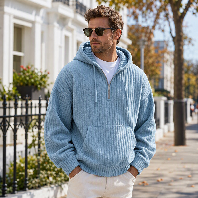 Not Your Ordinary Hoodie — A Stylish Half-Zip Corduroy Hooded Pullover with Rich Texture, Classic Casual Charm, and a Fresh Everyday Look
