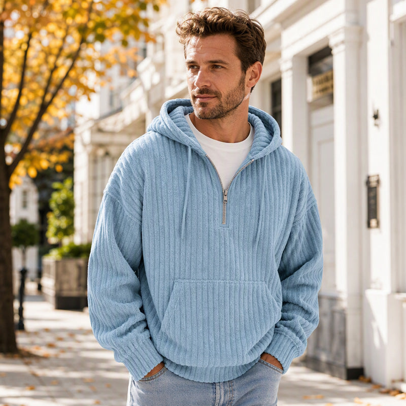 Not Your Ordinary Hoodie — A Stylish Half-Zip Corduroy Hooded Pullover with Rich Texture, Classic Casual Charm, and a Fresh Everyday Look
