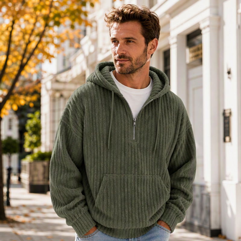 Not Your Ordinary Hoodie — A Stylish Half-Zip Corduroy Hooded Pullover with Rich Texture, Classic Casual Charm, and a Fresh Everyday Look