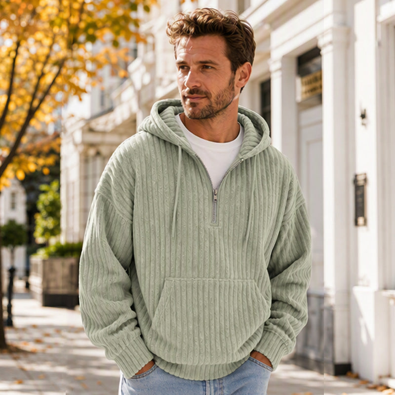 Not Your Ordinary Hoodie — A Stylish Half-Zip Corduroy Hooded Pullover with Rich Texture, Classic Casual Charm, and a Fresh Everyday Look