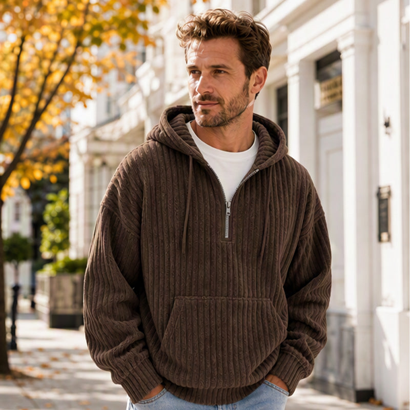 Not Your Ordinary Hoodie — A Stylish Half-Zip Corduroy Hooded Pullover with Rich Texture, Classic Casual Charm, and a Fresh Everyday Look