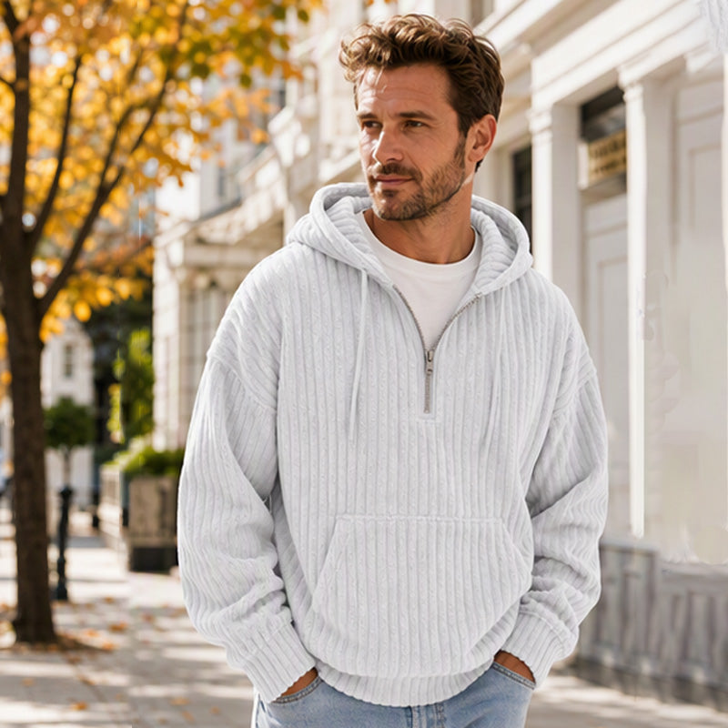 Not Your Ordinary Hoodie — A Stylish Half-Zip Corduroy Hooded Pullover with Rich Texture, Classic Casual Charm, and a Fresh Everyday Look