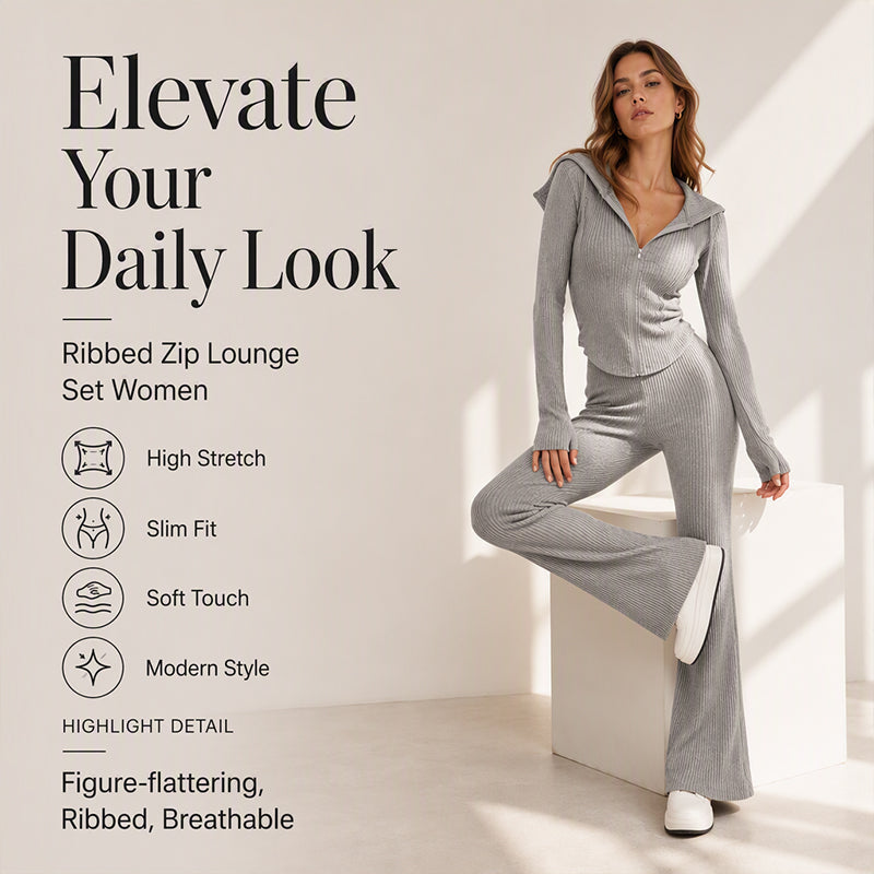 A Little Sporty, a Little Chic — This Ribbed Zip-Up Hoodie & Flared Pants Set Brings Both Together