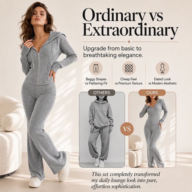 A Little Sporty, a Little Chic — This Ribbed Zip-Up Hoodie & Flared Pants Set Brings Both Together