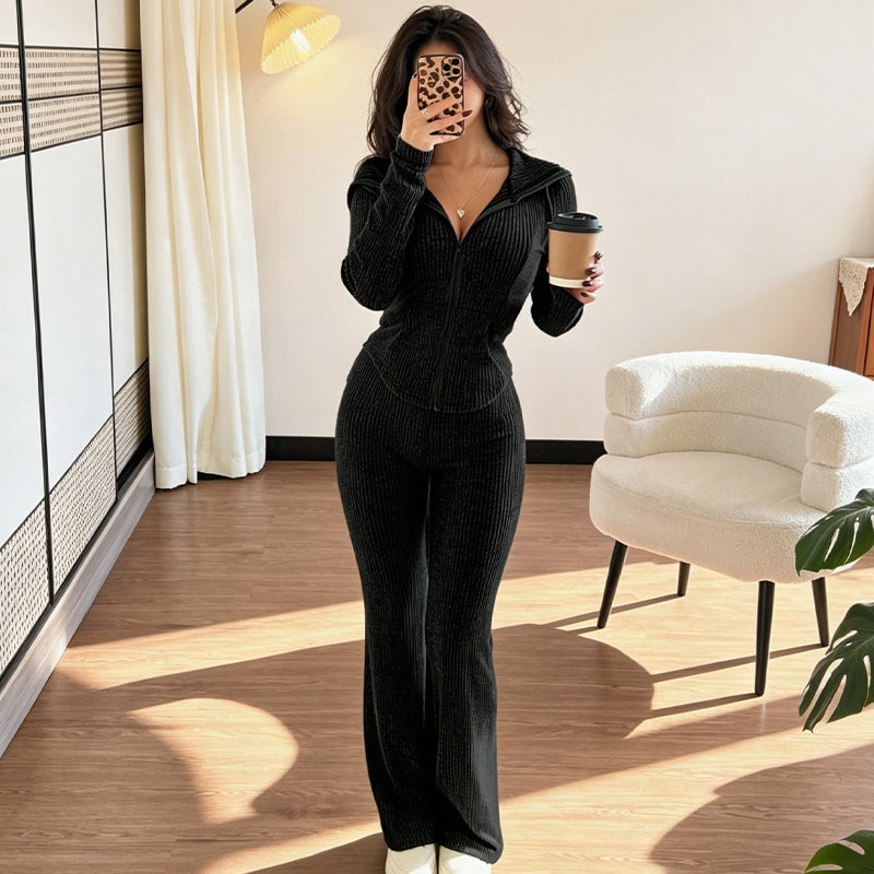 A Little Sporty, a Little Chic — This Ribbed Zip-Up Hoodie & Flared Pants Set Brings Both Together