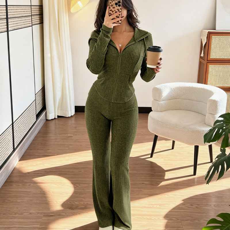 A Little Sporty, a Little Chic — This Ribbed Zip-Up Hoodie & Flared Pants Set Brings Both Together