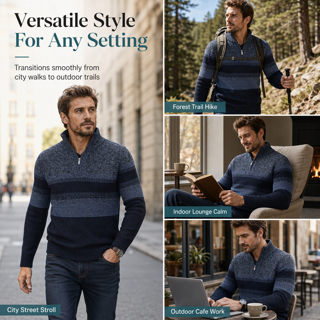 Why Wear a Thin Sweater When Winter Calls for Something Warmer? Men's Fleece-Lined Striped Quarter-Zip Knit Pullover with a Classic Stand Collar, Soft Plush Interior & Refined Everyday Style — Stay Warm, Look Sharp & Dress Comfortably All Season Long! ❄️