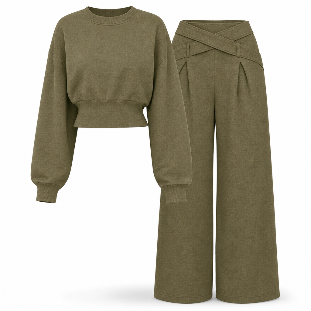 Who Says Comfortable Can't Be Stylish? This Soft Knit Two-Piece Set Pairs a Relaxed Long-Sleeve Top with Beautifully Flowing Wide-Leg Pants