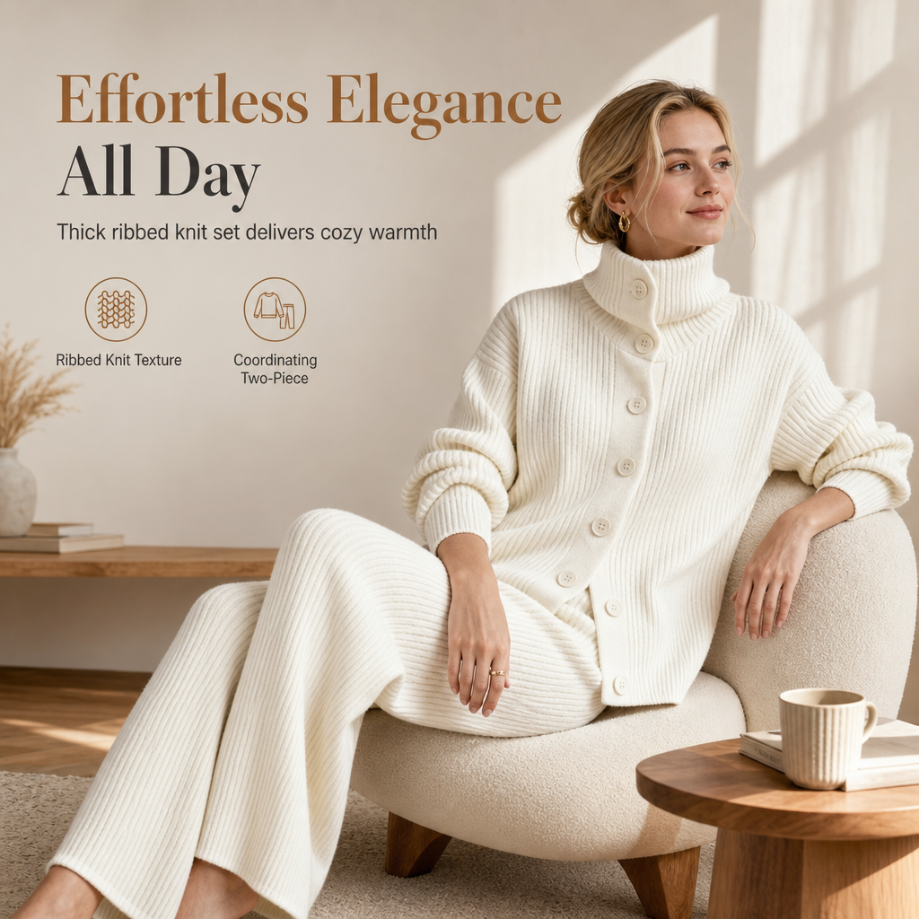 Women's Casual Ribbed Knit Two-Piece Set, Turtleneck Button Front Top & Wide Leg Pants Matching Outfit For Lounge & Light Outings