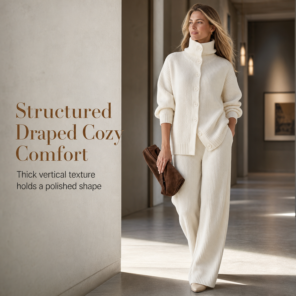 Women's Casual Ribbed Knit Two-Piece Set, Turtleneck Button Front Top & Wide Leg Pants Matching Outfit For Lounge & Light Outings