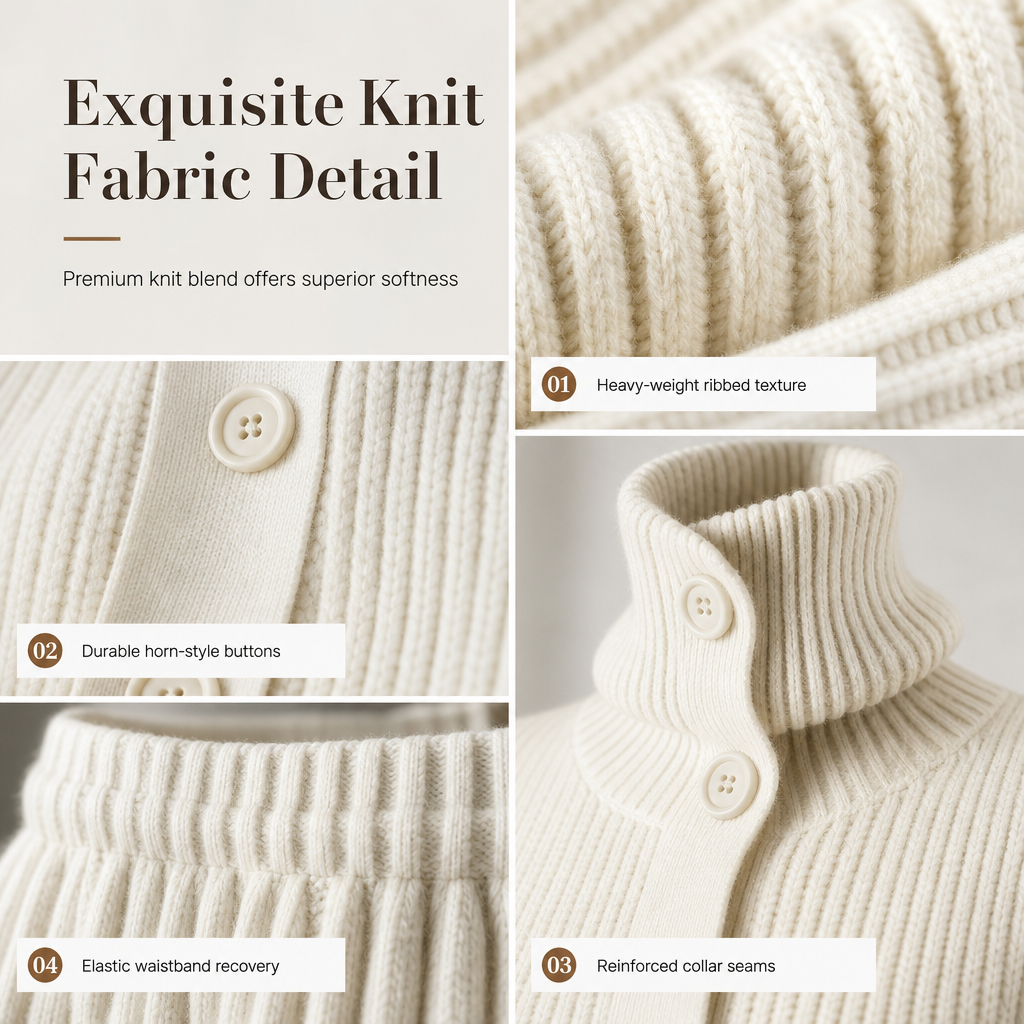 Women's Casual Ribbed Knit Two-Piece Set, Turtleneck Button Front Top & Wide Leg Pants Matching Outfit For Lounge & Light Outings
