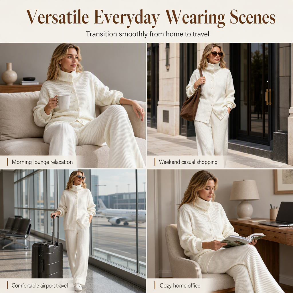 Women's Casual Ribbed Knit Two-Piece Set, Turtleneck Button Front Top & Wide Leg Pants Matching Outfit For Lounge & Light Outings
