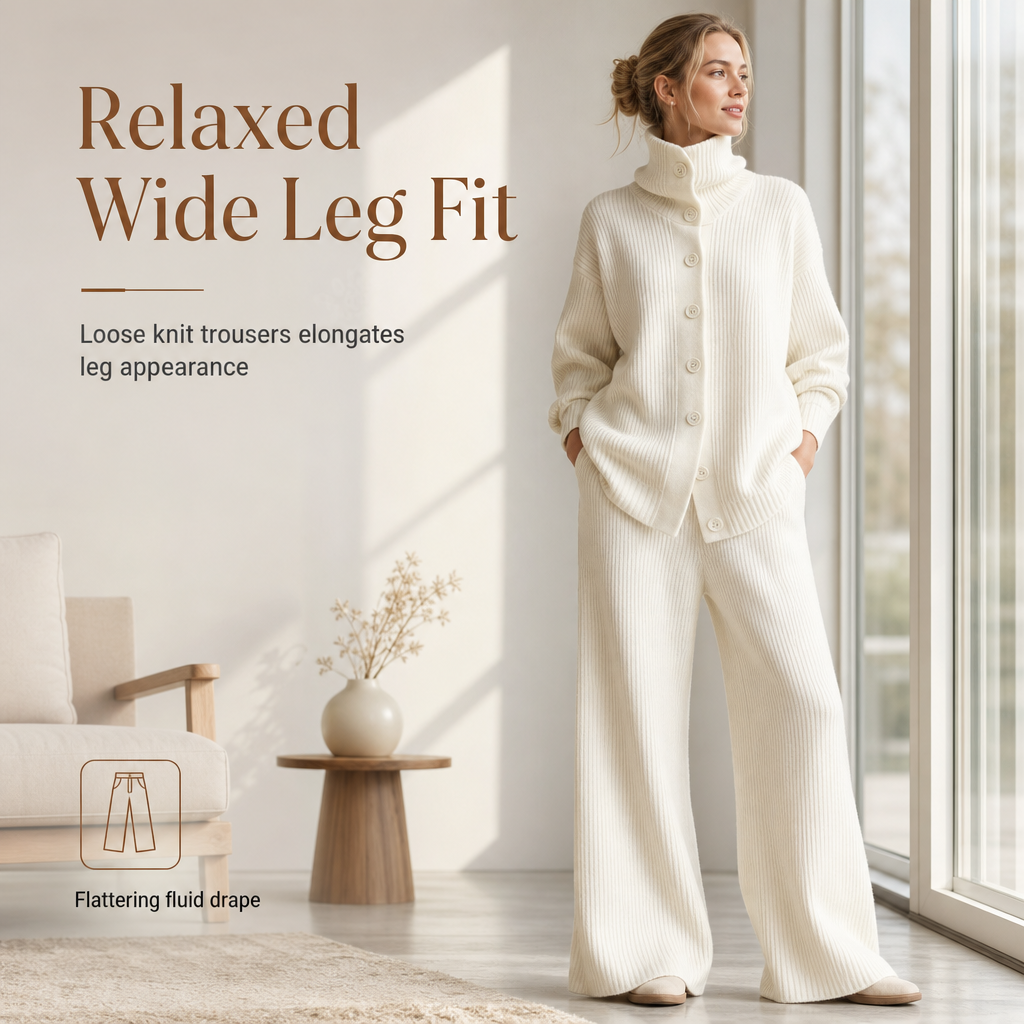 Women's Casual Ribbed Knit Two-Piece Set, Turtleneck Button Front Top & Wide Leg Pants Matching Outfit For Lounge & Light Outings
