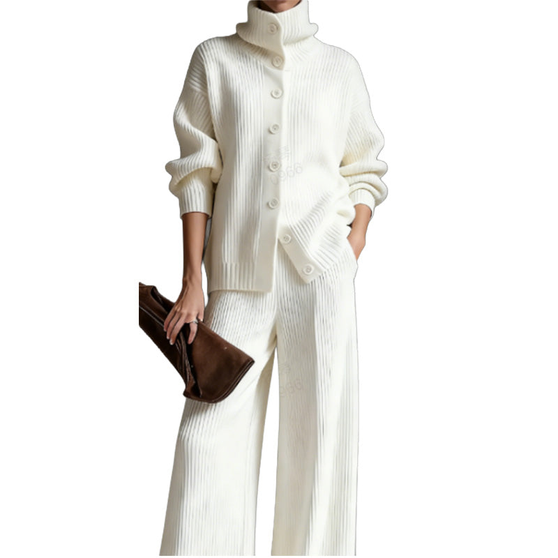 Women's Casual Ribbed Knit Two-Piece Set, Turtleneck Button Front Top & Wide Leg Pants Matching Outfit For Lounge & Light Outings