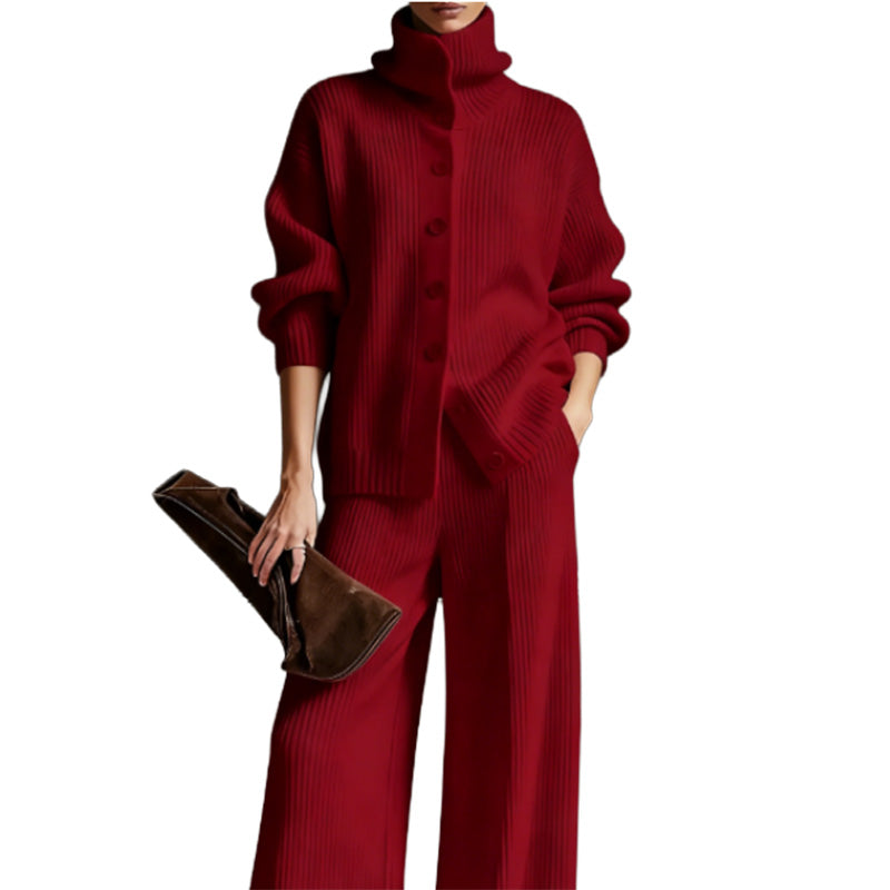 Women's Casual Ribbed Knit Two-Piece Set, Turtleneck Button Front Top & Wide Leg Pants Matching Outfit For Lounge & Light Outings