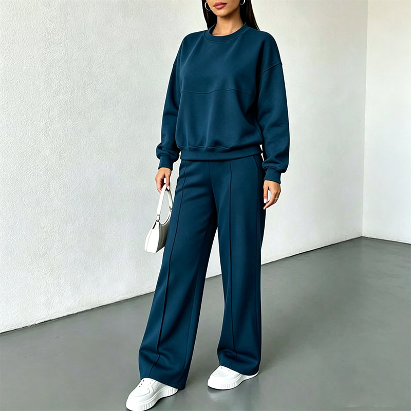 Women’s Crewneck Sweatshirt And Wide Leg Sweatpants Lounge Set, Soft Premium Knit Matching Outfit For Relaxed Home Days & Casual Outingss