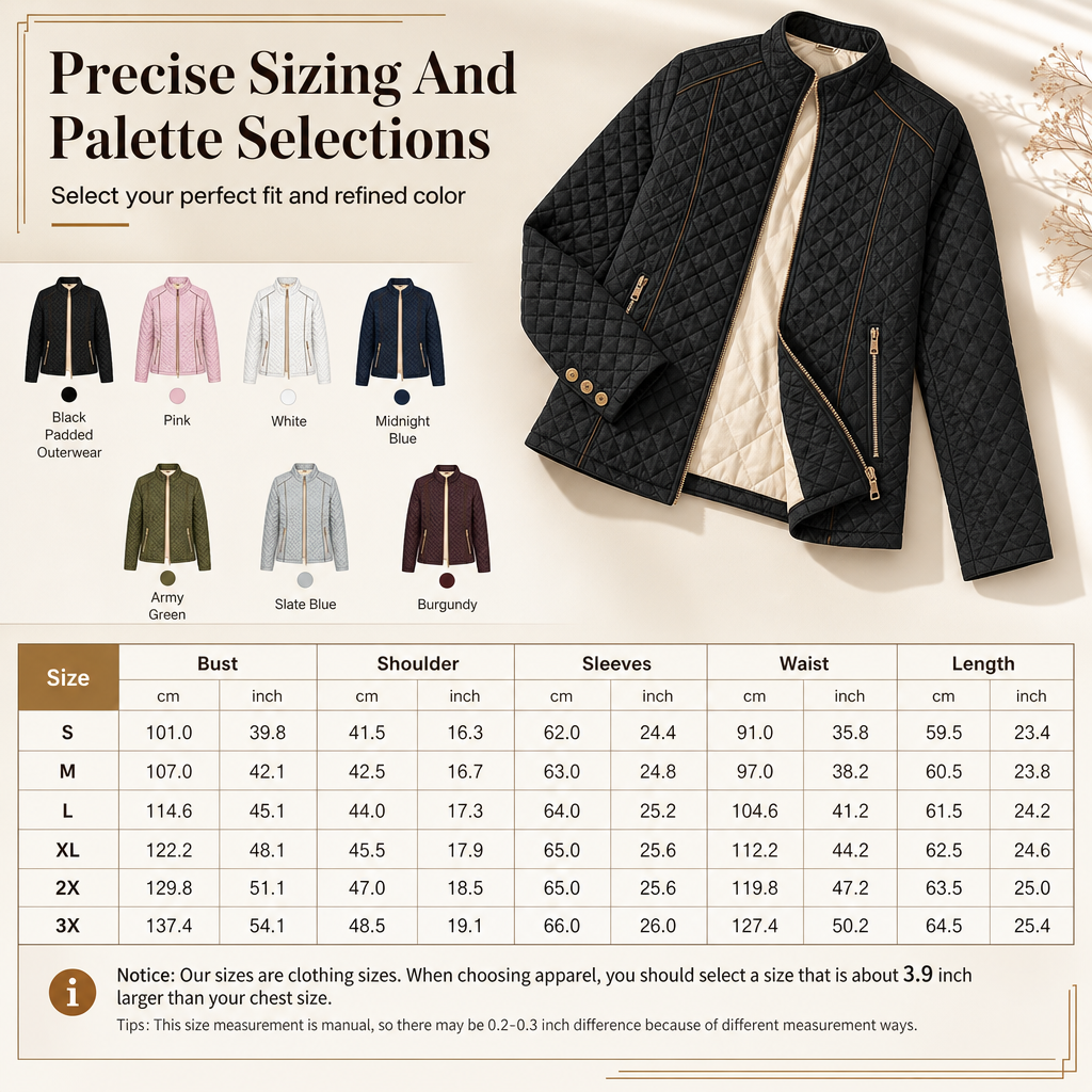 Lightweight Warmth, Beautiful Everyday Style — Women's Quilted Padded Zip-Up Jacket with a Chic Stand Collar, Classic Stitching, and a Flattering Casual Silhouette for Cooler Days