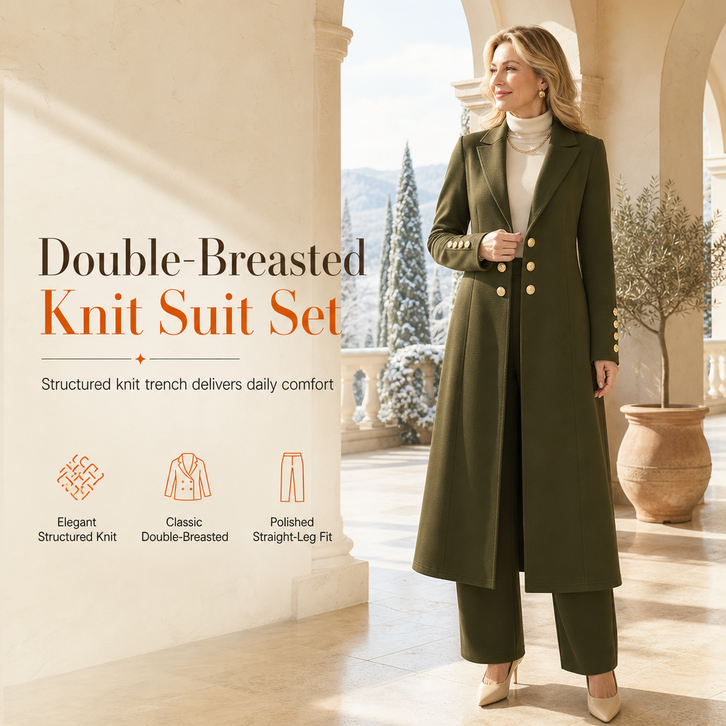 ✨ Women's Double-Breasted Long Knit Coat & Straight-Leg Pants Set – Flattering Tailored Silhouette, Chic Gold-Tone Buttons & Sophisticated Style for Effortless Fall & Winter Outfits! 💕