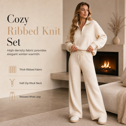 Women's Knitted Half-Zip Mock Neck Pullover & Wide-Leg Pants 2-Piece Set, Thick Ribbed Knit Matching Outfit For Winter Warmth
