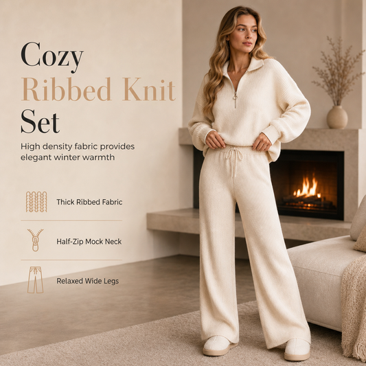 Women's Knitted Half-Zip Mock Neck Pullover & Wide-Leg Pants 2-Piece Set, Thick Ribbed Knit Matching Outfit For Winter Warmth