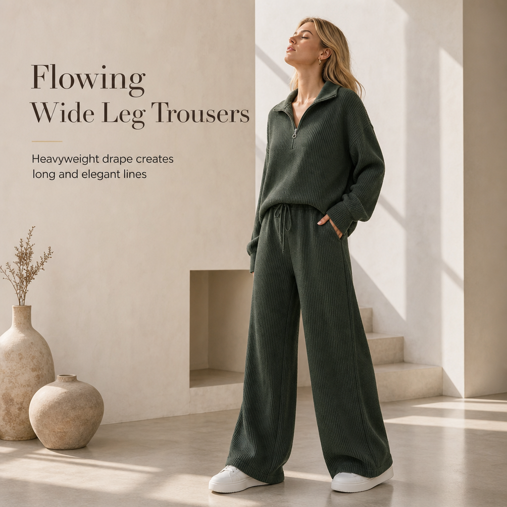 Women's Knitted Half-Zip Mock Neck Pullover & Wide-Leg Pants 2-Piece Set, Thick Ribbed Knit Matching Outfit For Winter Warmth
