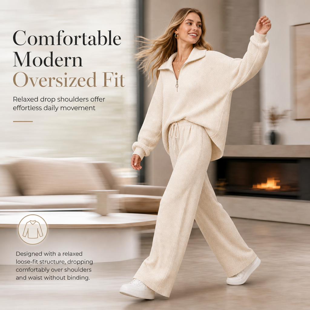 Women's Knitted Half-Zip Mock Neck Pullover & Wide-Leg Pants 2-Piece Set, Thick Ribbed Knit Matching Outfit For Winter Warmth