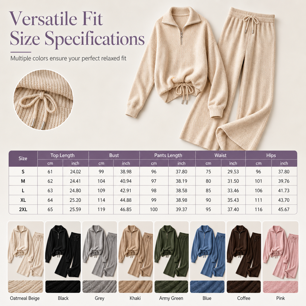Women's Knitted Half-Zip Mock Neck Pullover & Wide-Leg Pants 2-Piece Set, Thick Ribbed Knit Matching Outfit For Winter Warmth