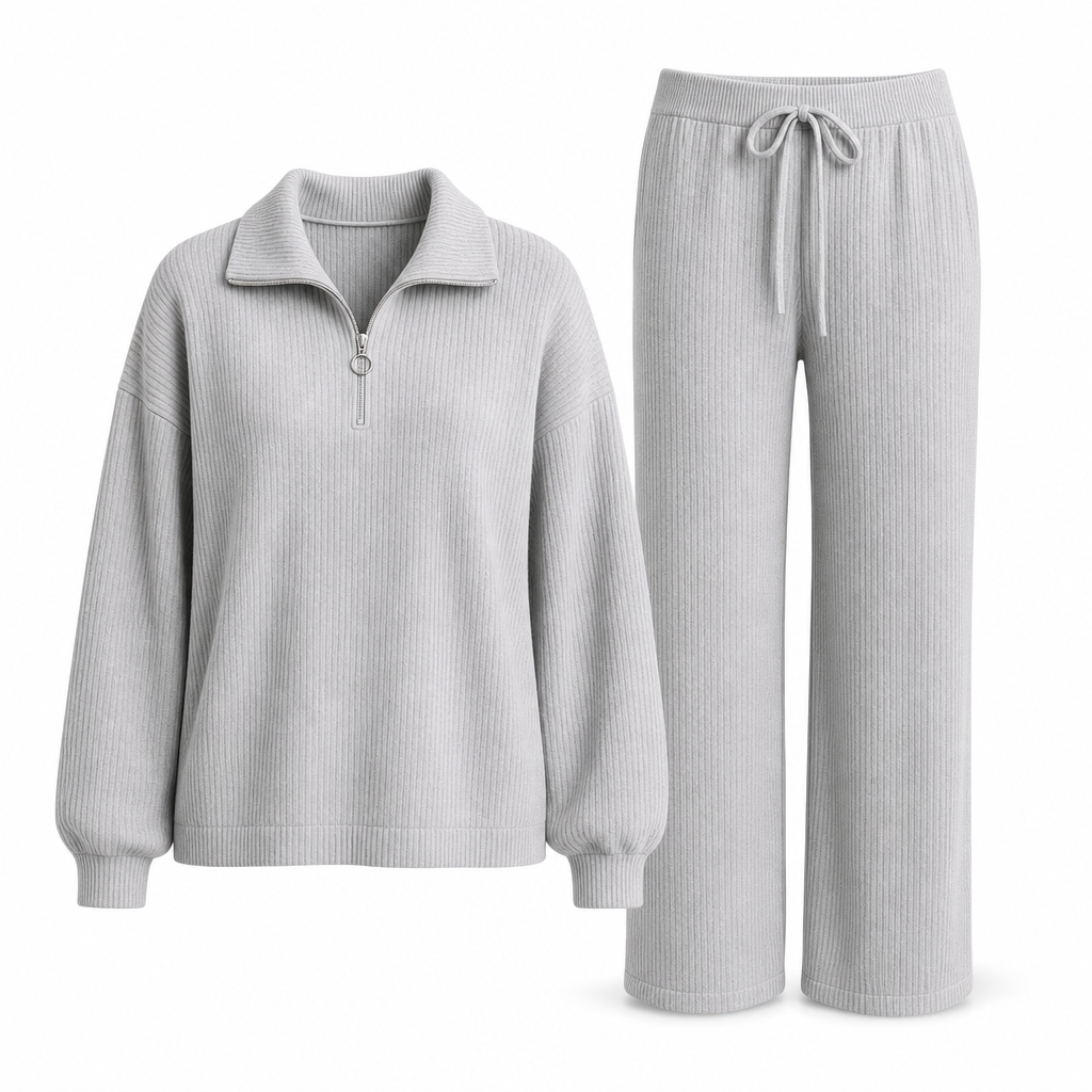 Women's Knitted Half-Zip Mock Neck Pullover & Wide-Leg Pants 2-Piece Set, Thick Ribbed Knit Matching Outfit For Winter Warmth