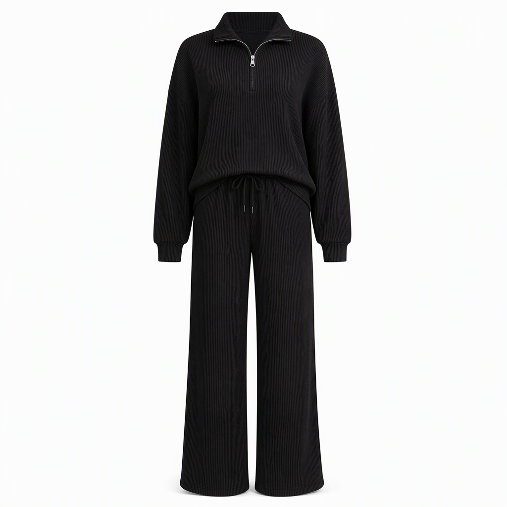 Women's Knitted Half-Zip Mock Neck Pullover & Wide-Leg Pants 2-Piece Set, Thick Ribbed Knit Matching Outfit For Winter Warmth
