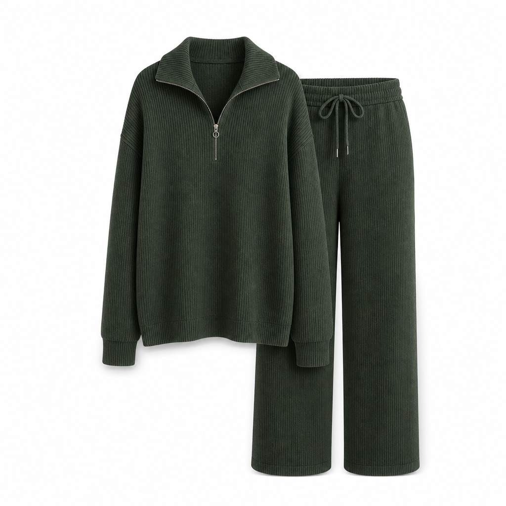 Women's Knitted Half-Zip Mock Neck Pullover & Wide-Leg Pants 2-Piece Set, Thick Ribbed Knit Matching Outfit For Winter Warmth