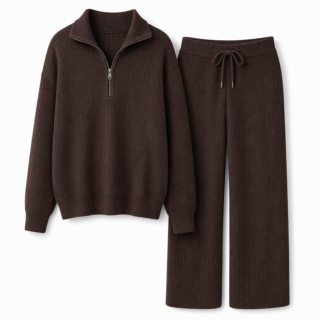 Women's Knitted Half-Zip Mock Neck Pullover & Wide-Leg Pants 2-Piece Set, Thick Ribbed Knit Matching Outfit For Winter Warmth