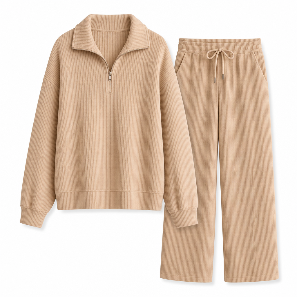 Women's Knitted Half-Zip Mock Neck Pullover & Wide-Leg Pants 2-Piece Set, Thick Ribbed Knit Matching Outfit For Winter Warmth