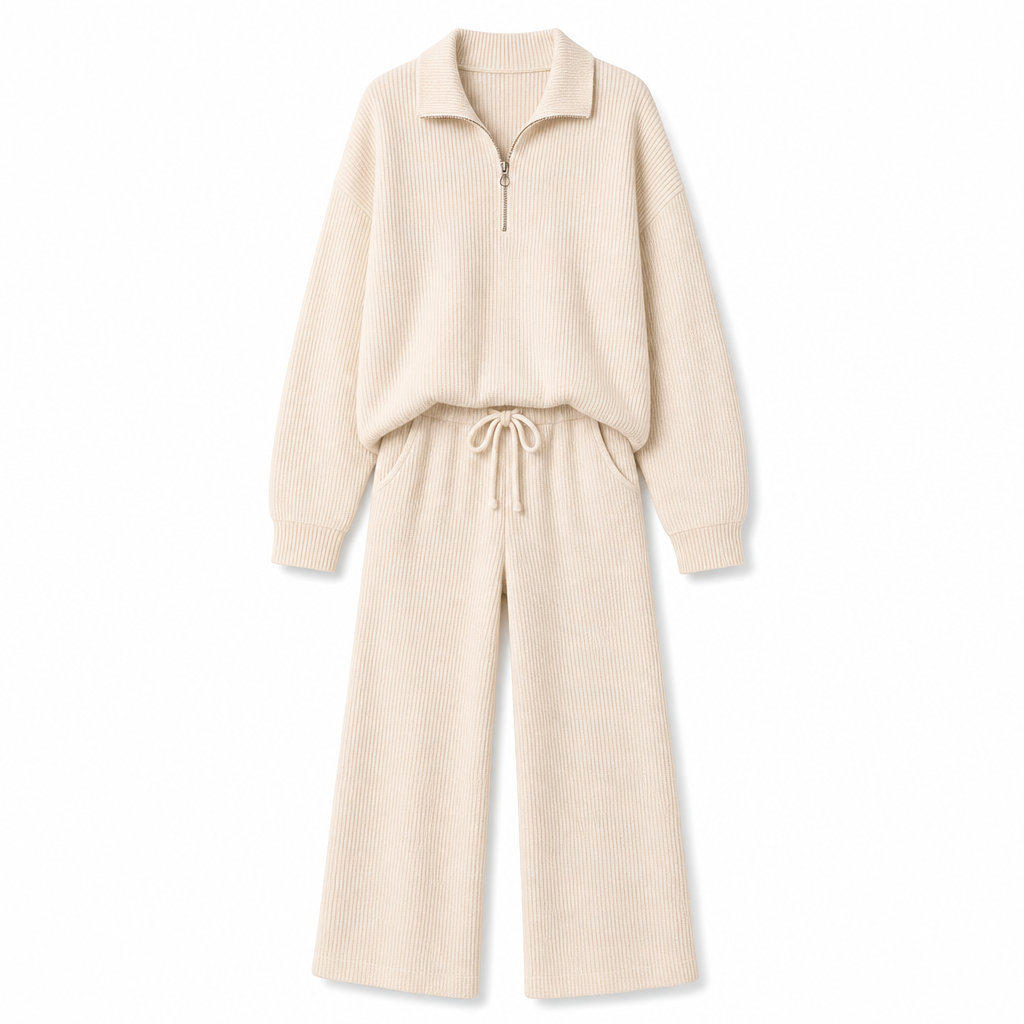 Women's Knitted Half-Zip Mock Neck Pullover & Wide-Leg Pants 2-Piece Set, Thick Ribbed Knit Matching Outfit For Winter Warmth