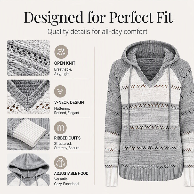 Women's Color Block Hollow-Out Knit Hoodie, Breathable Open-Knit V-Neck Hooded Sweater, Relaxed Fit Color Block Knit Top For Everyday Casual Wear