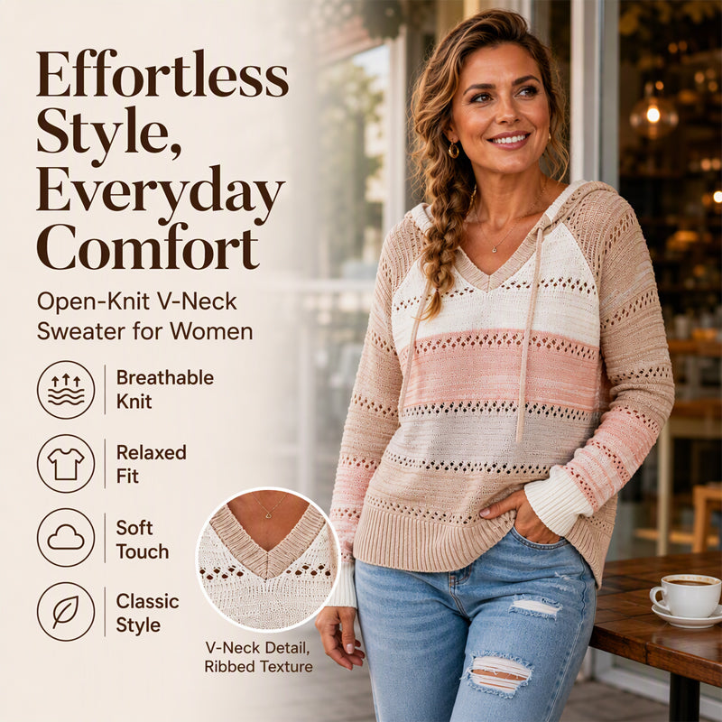 Women's Color Block Hollow-Out Knit Hoodie, Breathable Open-Knit V-Neck Hooded Sweater, Relaxed Fit Color Block Knit Top For Everyday Casual Wear