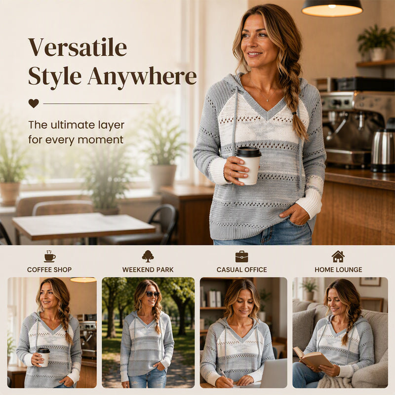 Women's Color Block Hollow-Out Knit Hoodie, Breathable Open-Knit V-Neck Hooded Sweater, Relaxed Fit Color Block Knit Top For Everyday Casual Wear