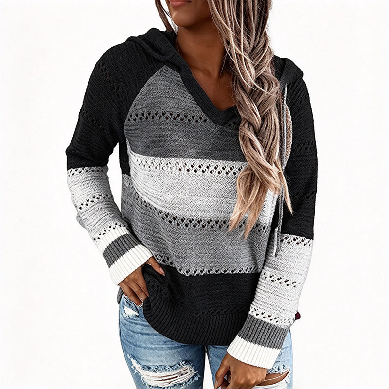 Women's Color Block Hollow-Out Knit Hoodie, Breathable Open-Knit V-Neck Hooded Sweater, Relaxed Fit Color Block Knit Top For Everyday Casual Wear