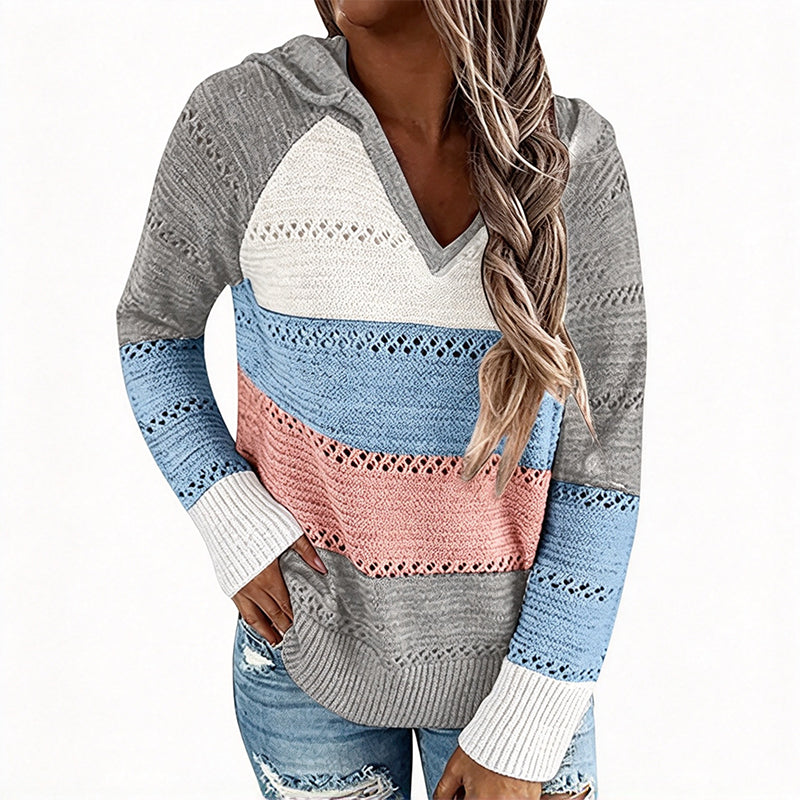Women's Color Block Hollow-Out Knit Hoodie, Breathable Open-Knit V-Neck Hooded Sweater, Relaxed Fit Color Block Knit Top For Everyday Casual Wear