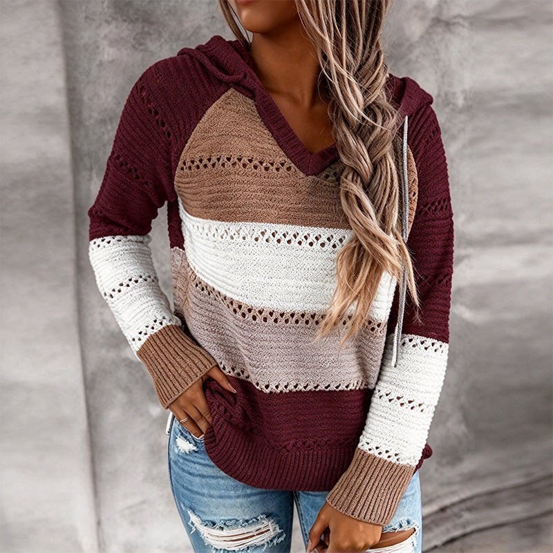 Women's Color Block Hollow-Out Knit Hoodie, Breathable Open-Knit V-Neck Hooded Sweater, Relaxed Fit Color Block Knit Top For Everyday Casual Wear