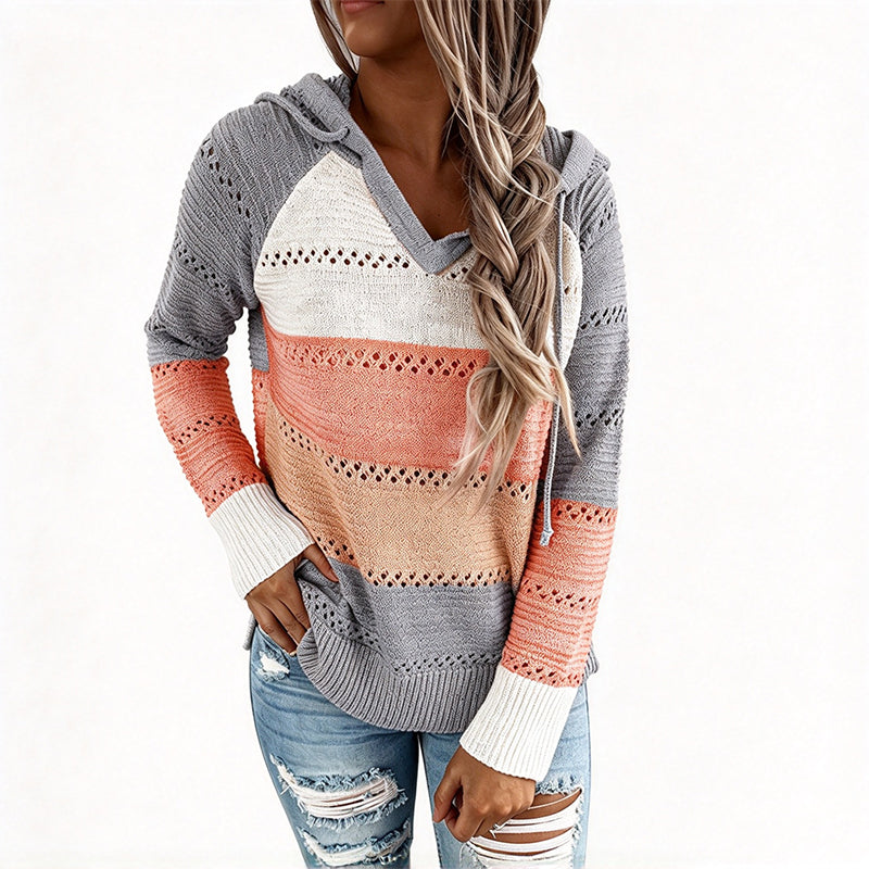 Women's Color Block Hollow-Out Knit Hoodie, Breathable Open-Knit V-Neck Hooded Sweater, Relaxed Fit Color Block Knit Top For Everyday Casual Wear