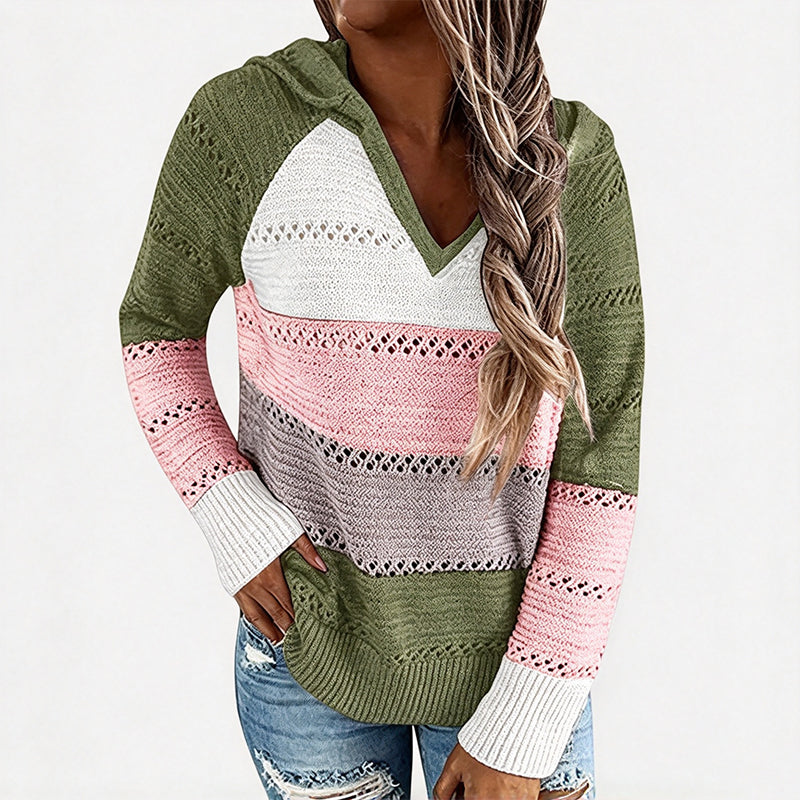 Women's Color Block Hollow-Out Knit Hoodie, Breathable Open-Knit V-Neck Hooded Sweater, Relaxed Fit Color Block Knit Top For Everyday Casual Wear