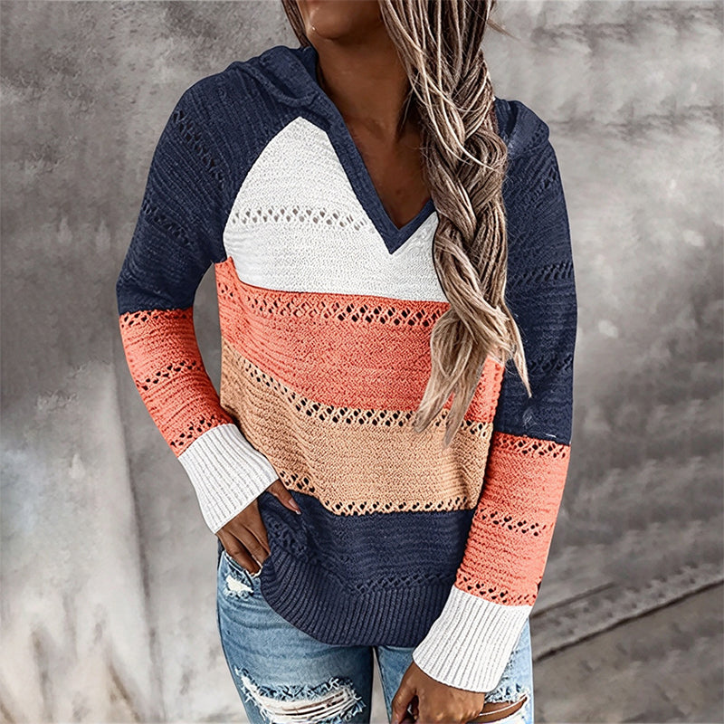 Women's Color Block Hollow-Out Knit Hoodie, Breathable Open-Knit V-Neck Hooded Sweater, Relaxed Fit Color Block Knit Top For Everyday Casual Wear
