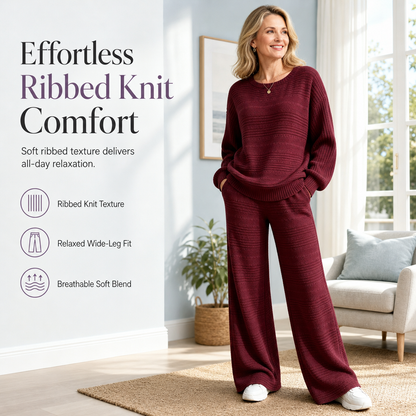 Buttery Soft Ribbed Knit Matching Outfit: Long Sleeve Top & Pocketed Wide Leg Pants